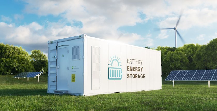 concept of a modern high-capacity battery energy storage system in a container located in the middle of a lush meadow with a forest in the background. 3d rendering